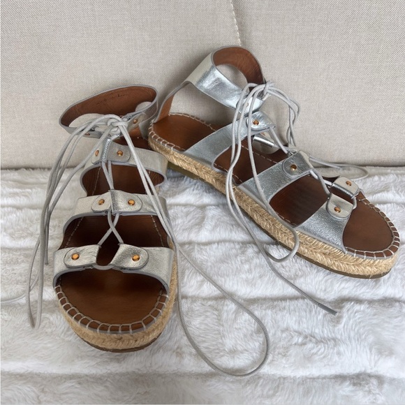 CHARLOTTE STONE Silver Metallic Leather Joni Gladiator Espadrille Sandals Sz 10 - Picture 9 of 16